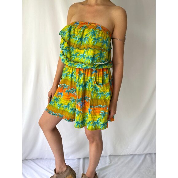 80s vintage green tropical beach print ruffle strapless romper shorts playsuit - Picture 4 of 10
